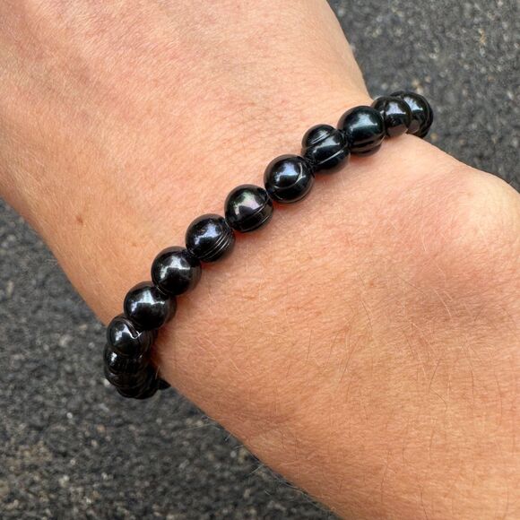 Vintage Honora Black Freshwater Pearl Stretch Bracelet, Round Ringed Iridescent - Picture 6 of 10